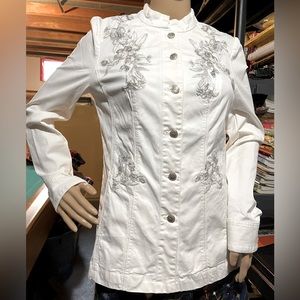White House Black Market White Jean Jacket with Silver Flower Embroidery Size S